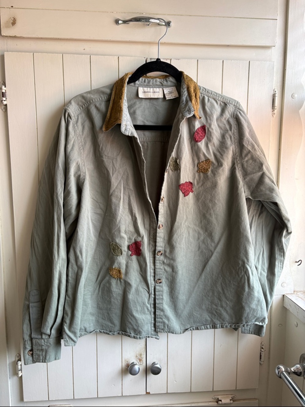 Sage Utility Jacket with Contrast Corduroy Collar and Embroidered Leaves